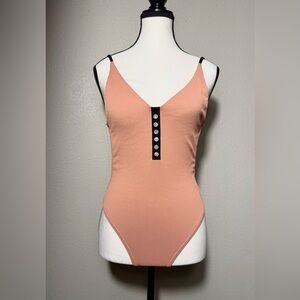 Topshop Coral Ribbed Swimsuit with Button Detail
